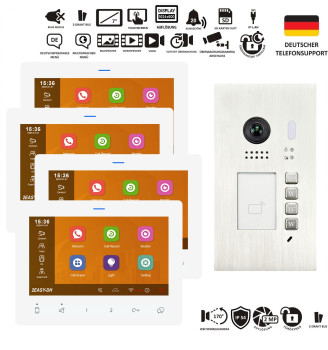 Video-Türsprechanlage 4-Familienhaus mit Edelstahl-Außenstation und 7-Zoll-Touchmonitoren in Weiß